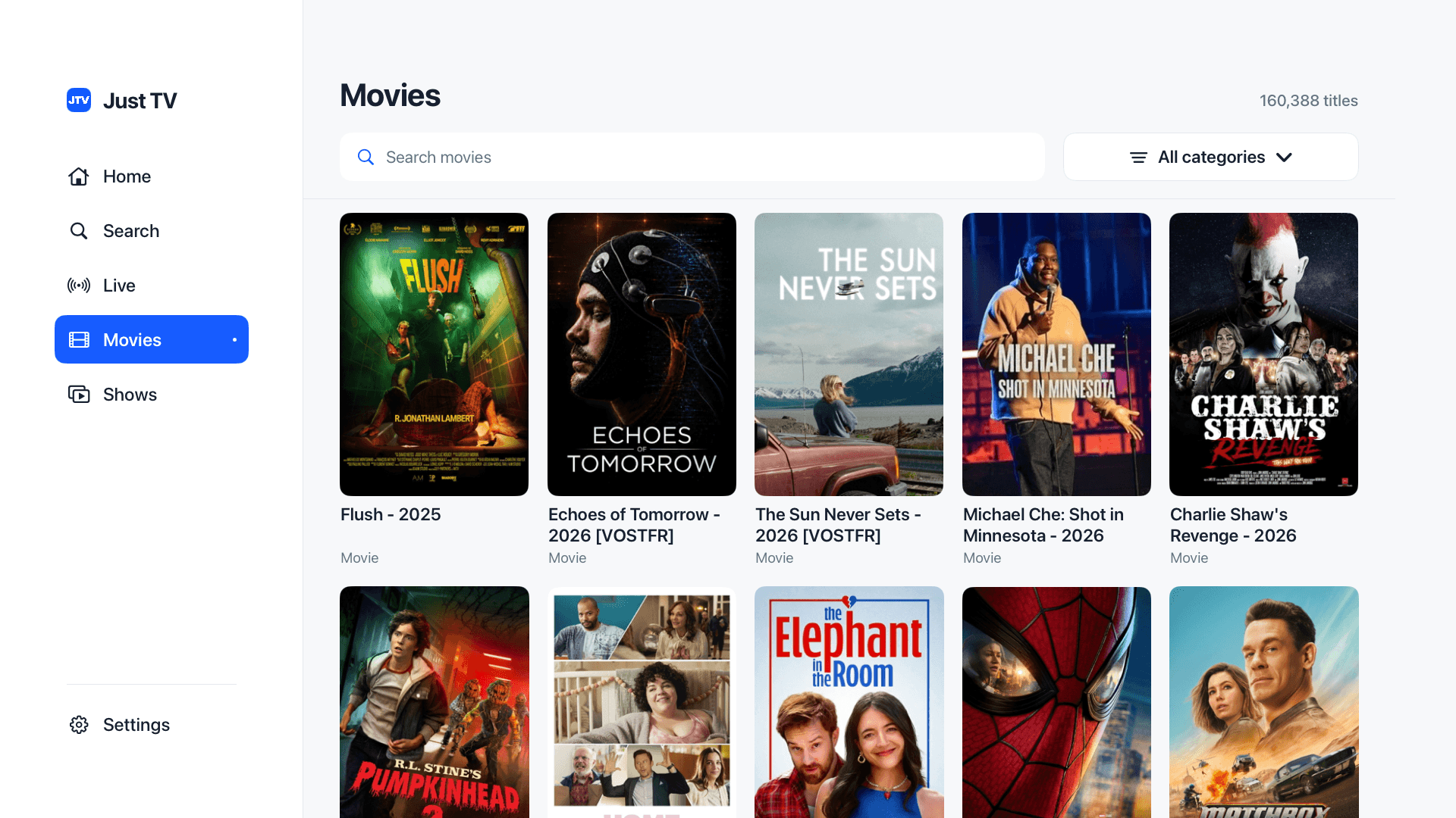 JustTV on Apple TV, with real movie posters, movie search, category filters, and simple navigation for live TV and shows.
